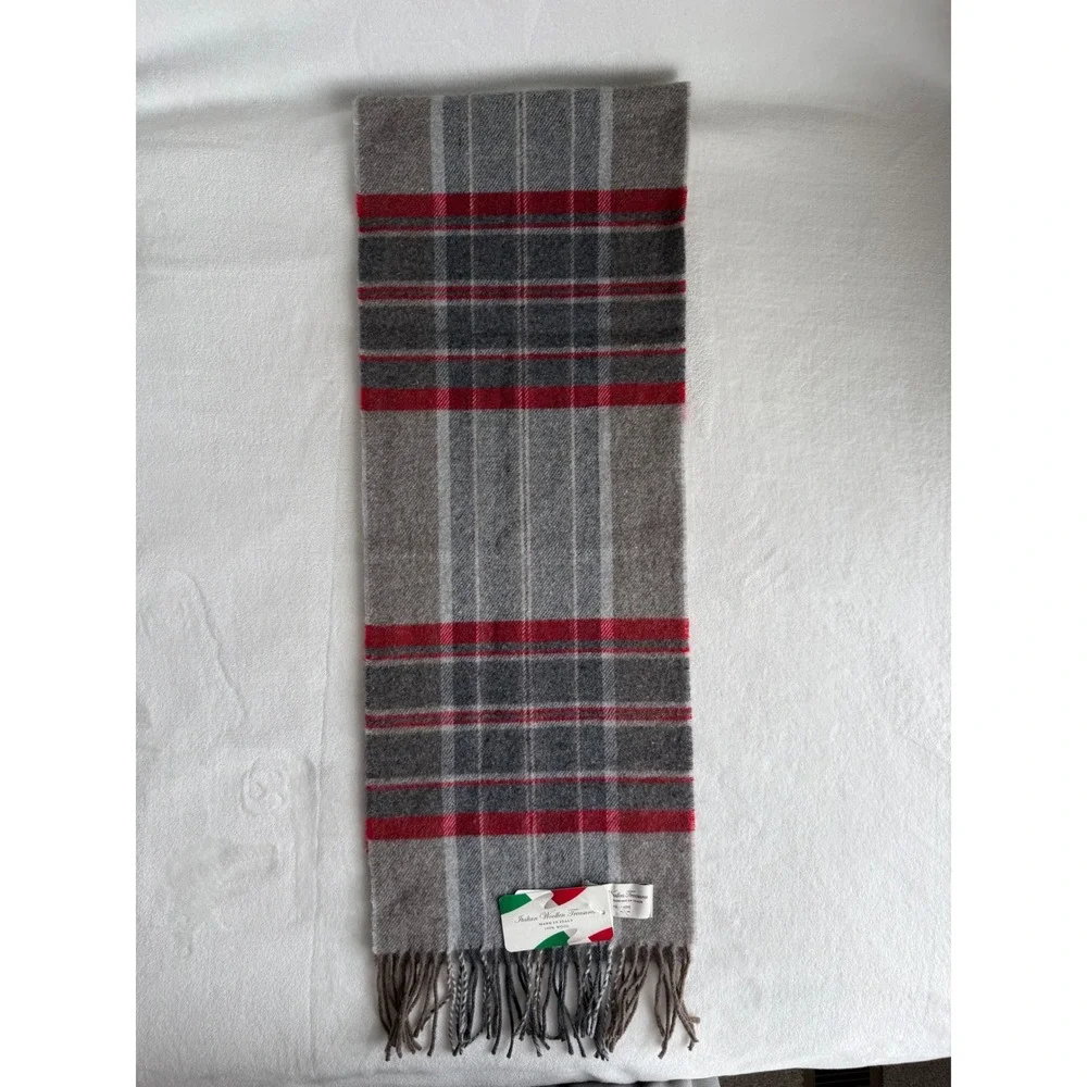 NWT Italian Woolen Treasures 100% Wool Scarf Gray Red Stripes Fringe Unisex‎